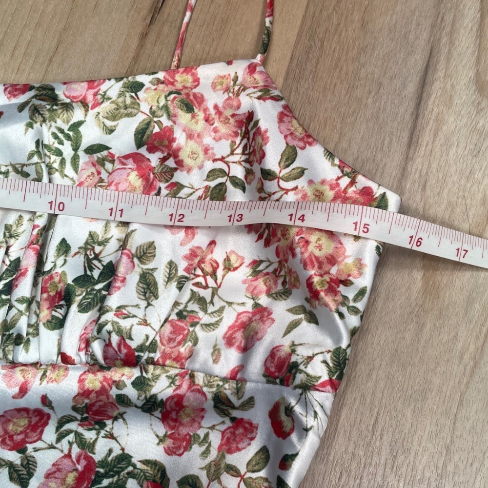 AQUA Floral Satin Slip Dress XS Pink Red Rose Print Ruched Mini Spaghetti Strap - Picture 5 of 9